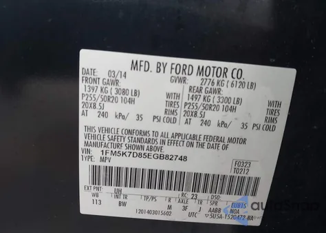 2014 Ford Explorer Xlt from USA, damaged, VIN 1FM5K7D85EGB82748